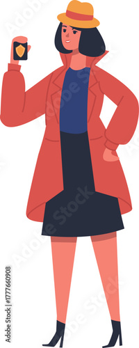 Female detective holding badge while investigating mystery