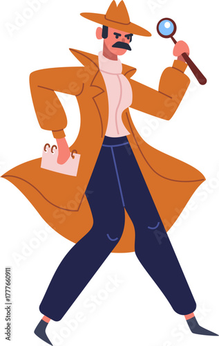 Investigator man finding clues with magnifying glass