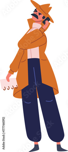 Detective calling on phone holding notepad investigating mystery