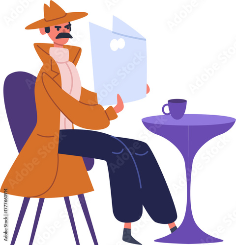 Detective man reading newspaper investigating sitting at cafe table