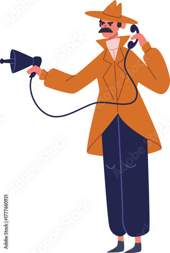 Detective spy cartoon character holding listening device