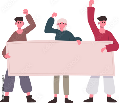 Protesters holding blank banner raising fists