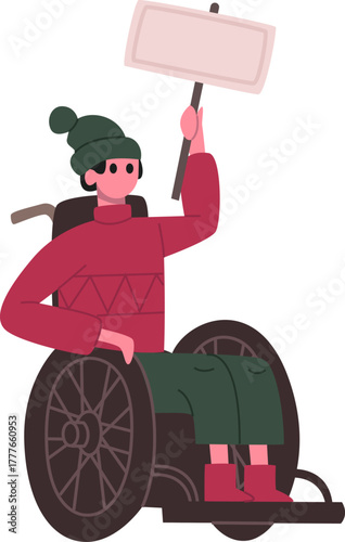 Wheelchair user advocating disability rights holding protest sign