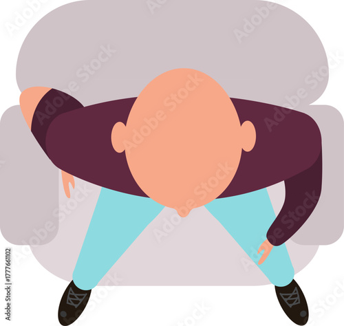 Bald man sitting armchair leaning forward top view