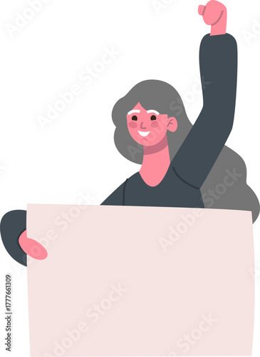 Woman protesting holding sign and raised fist