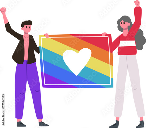 People holding rainbow heart banner advocating for equality