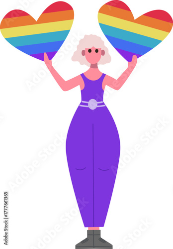 Woman holding rainbow hearts for LGBTQ plus pride celebration concept