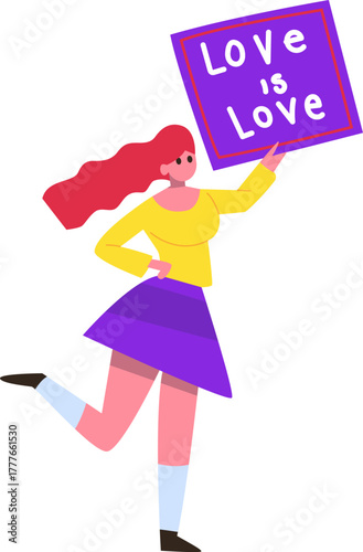 Woman holding Love is Love sign campaigning for LGBTQ plus rights