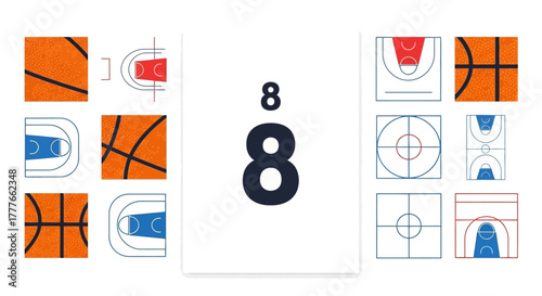Basketball themed visual puzzle featuring court diagrams and basketball textures with number eight