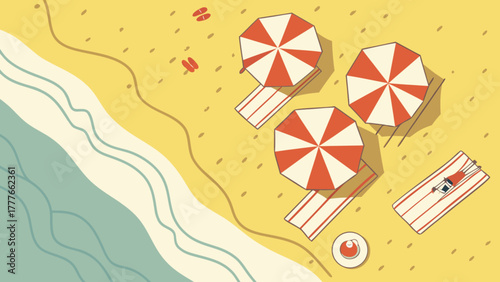 Aerial view of a sunny beach with umbrellas, sunbathers, and waves crashing on the shore, creating a relaxing and idyllic summer scene