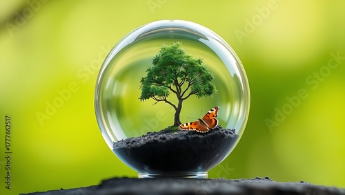 A glass globe containing a tiny tree with a floating butterfly, set against a soft green gradient background.