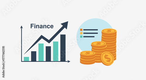 Financial growth illustration with upward trending graph and stacks of golden coins
