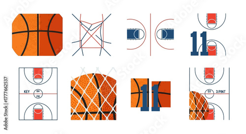 Basketball court and ball design elements collage providing visual sport concept basketball team