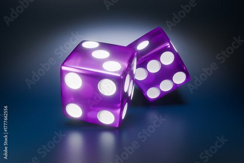 Two translucent purple dice are resting on a dark, reflective surface