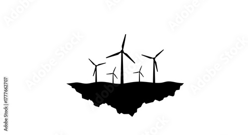 Wind turbines on abstract floating island silhouette  