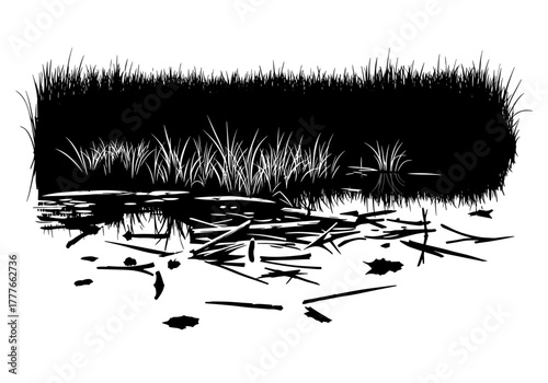 Stylized black and white illustration of wetlands with reeds and debris  