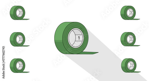 Visual Array of Green Adhesive Tape Rolls with Numerical Identification for Various Applications