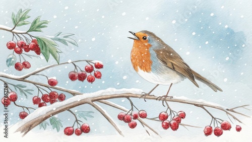 Winter robin singing on snow covered branch with red berries