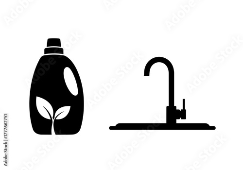 Eco-friendly detergent bottle and kitchen faucet silhouette  