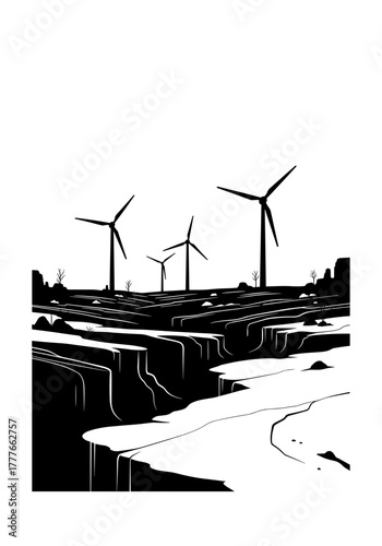 Wind turbines on rocky terrain in minimalist black and white style  