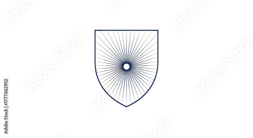 Shield emblem. A navy shield with a central circle emitting radial lines on a white background