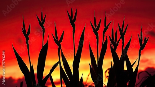 Towering silhouettes of tropical heliconia blooms reaching into a crimson sky streaked with golden light from an emerging sunrise