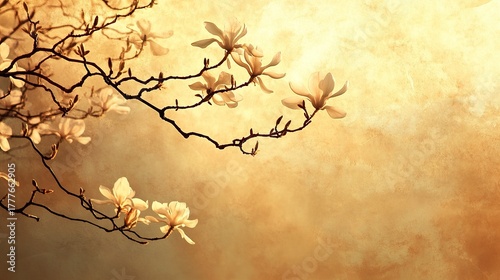 Twisting branches filled with delicate hanging silhouettes of magnolia blooms