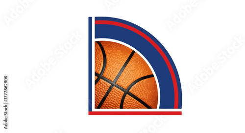 Dynamic basketball graphic in striking red and blue frame against white backdrop
