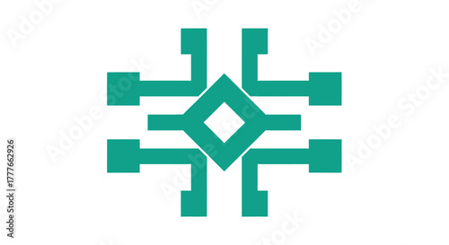 A teal geometric design, with an open diamond at its center, repeated in a cross-like pattern