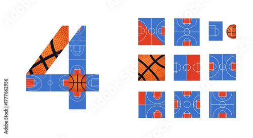 Conceptual basketball design showcasing number four and court segments for sport enthusiasm