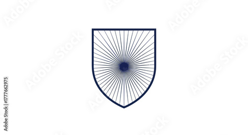 A navy blue shield on a white background, with radial lines emanating from a central circle