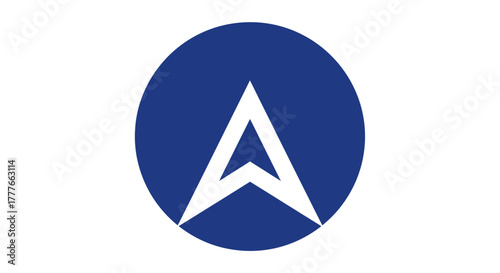 A white, stylized arrow within a dark blue circle on a white background. Simple and bold design