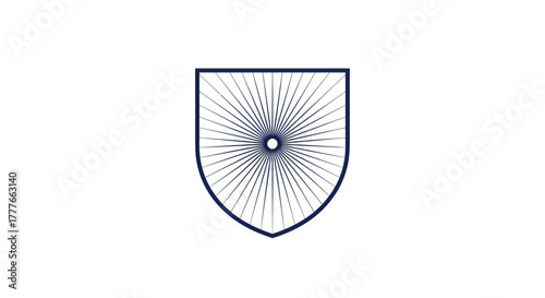 A heraldic shield contains a radial burst from a central point. Navy blue on white