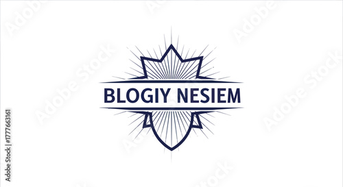 Dark blue emblem with text, starburst, shield. Text reads "BLOGIY NESIEM", set on white background