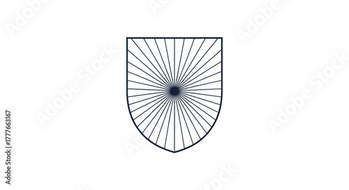 A shield-shaped design with lines radiating outwards from a central dot on a white background