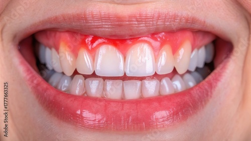 Close-up of a smile showing healthy white teeth contrasted with inflamed, red, bleeding gums (gingivitis). Use on sites/blogs about dental health, periodontics, hygiene, medicine,disease prevention