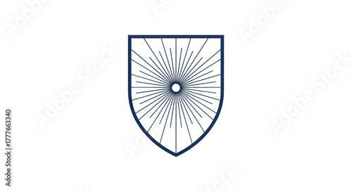 A blue-outlined shield design with sunburst radiating from a central circle on white