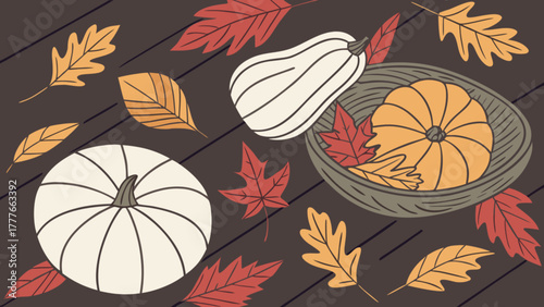 Autumn harvest still life with pumpkins, squash, and colorful leaves on a wooden background, capturing the essence of fall season