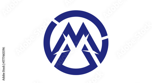 A blue and white flag features a stylized emblem of interconnected shapes within a partially broken circle