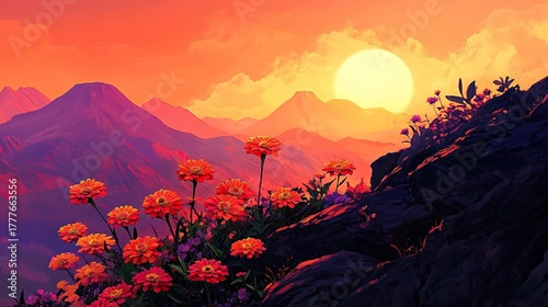 Wild zinnias growing vividly in silhouette along a steep rocky outcrop