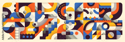 Geometric wallpaper design made of various colorful shapes. Vector illustration.