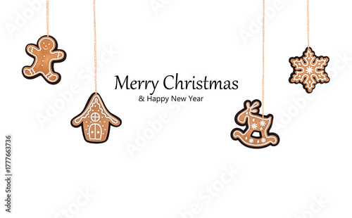 Hanging gingerbread christmas cookies border on white background with copy space.