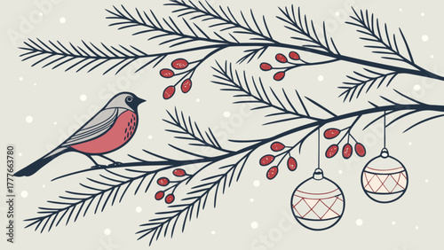 A charming winter scene featuring a bullfinch perched on a pine branch adorned with red berries and delicate ornaments