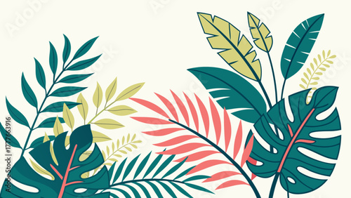 Lush tropical foliage featuring vibrant banana leaves, monstera, and ferns, creating a vibrant and exotic botanical arrangement