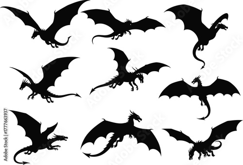 Collection of flying dragon silhouettes vector illustration, mythical fantasy creatures with wings and tails, black dragon shapes for tattoo, logo, or fantasy art design