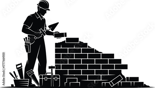Construction worker building brick wall silhouette, professional mason holding trowel and brick, construction industry concept, labor day, architecture, craftsmanship vector illustration
