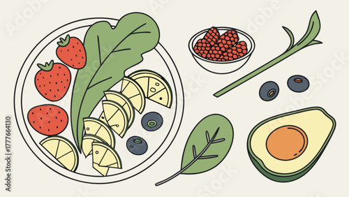 A vibrant and healthy bowl of fresh fruits and vegetables, including strawberries, lemon slices, blueberries, and avocado, for a nutritious meal