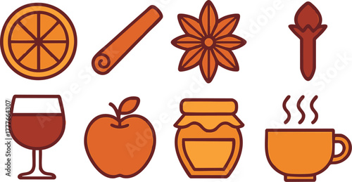 Set of Mulled Wine Ingredient Icons in Warm Autumn Tones