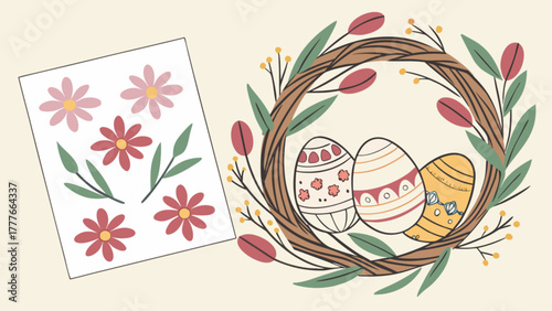 A whimsical easter illustration featuring decorated eggs nestled in a wreath, complemented by a collection of charming flowers and leaves on a light backdrop