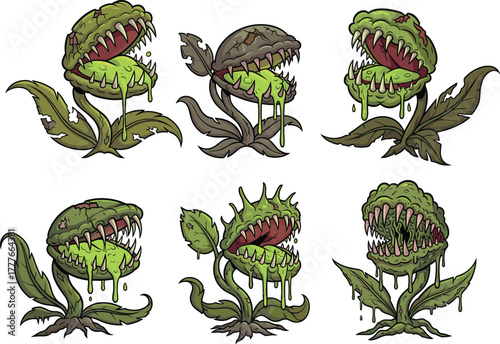 Creepy carnivorous zombie plants with sharp teeth, horror fantasy vegetation vector illustration, spooky monster flowers dripping slime for Halloween artwork design